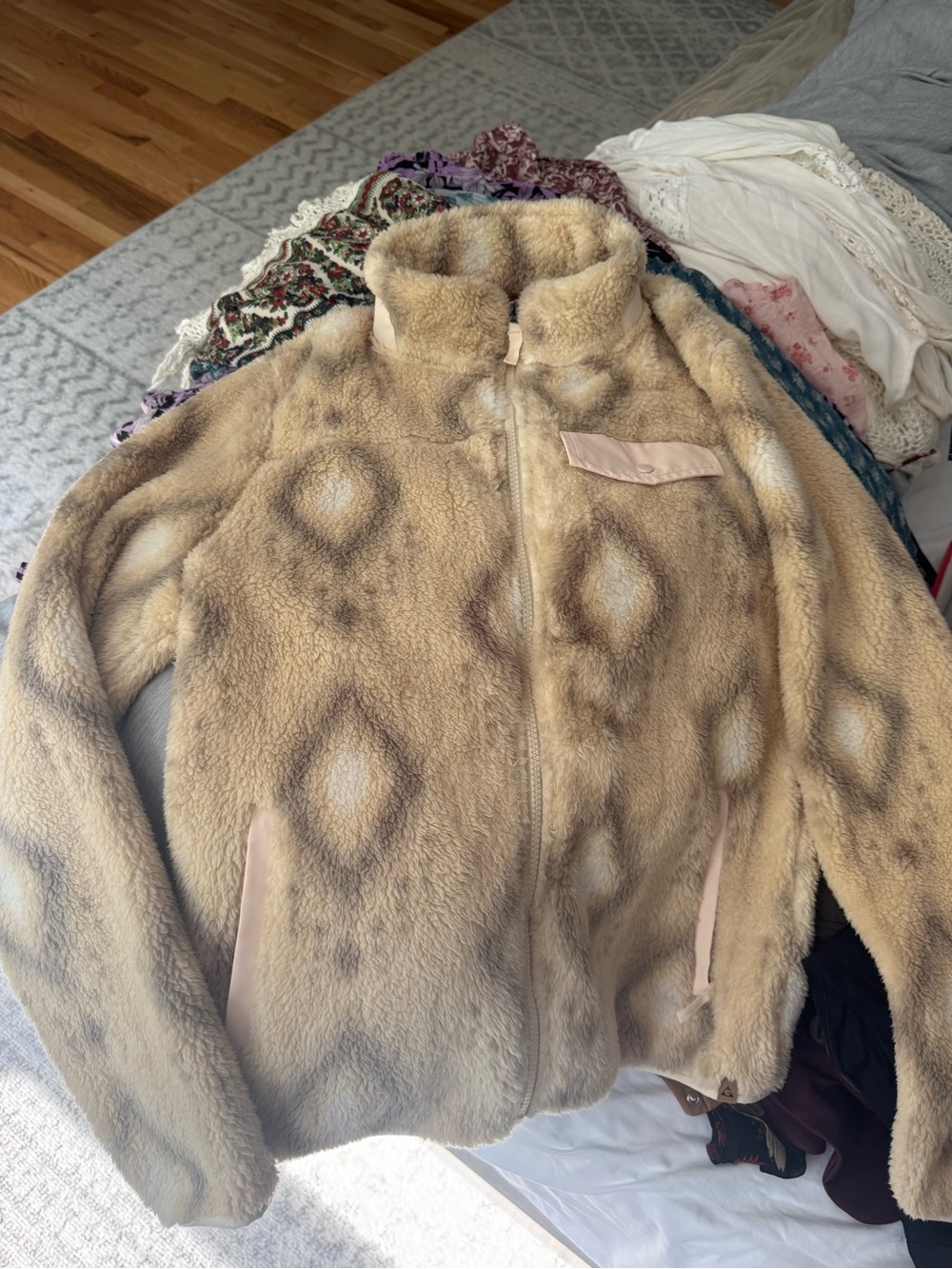 Gerry Weber Beige Faux Shearling Teddy Jacket with Diamond Motif